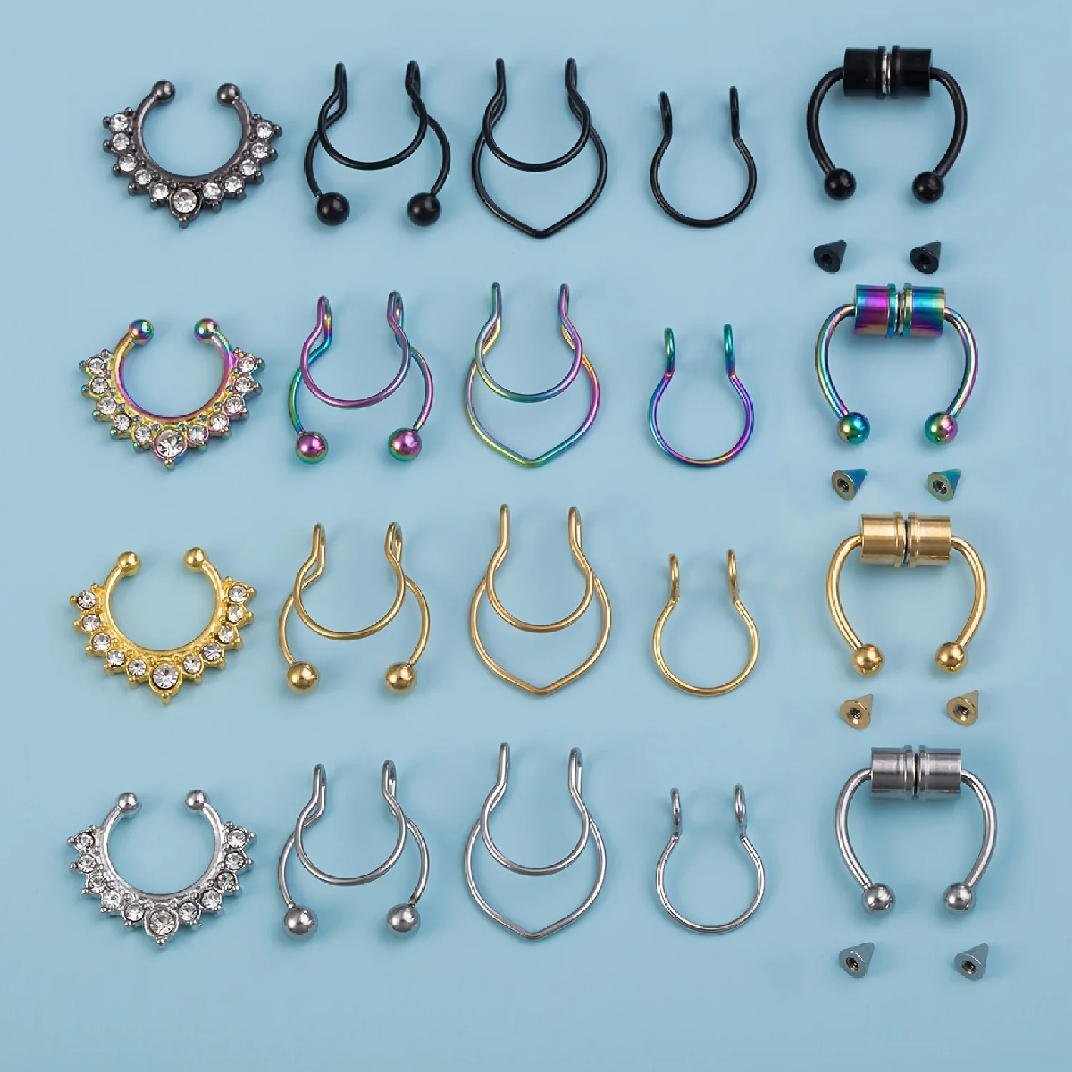 5pcs Mixed False Nose Ring Set False Stainless Steel Nasal Septum Ear Accessories Fashionable Style Without Perforation