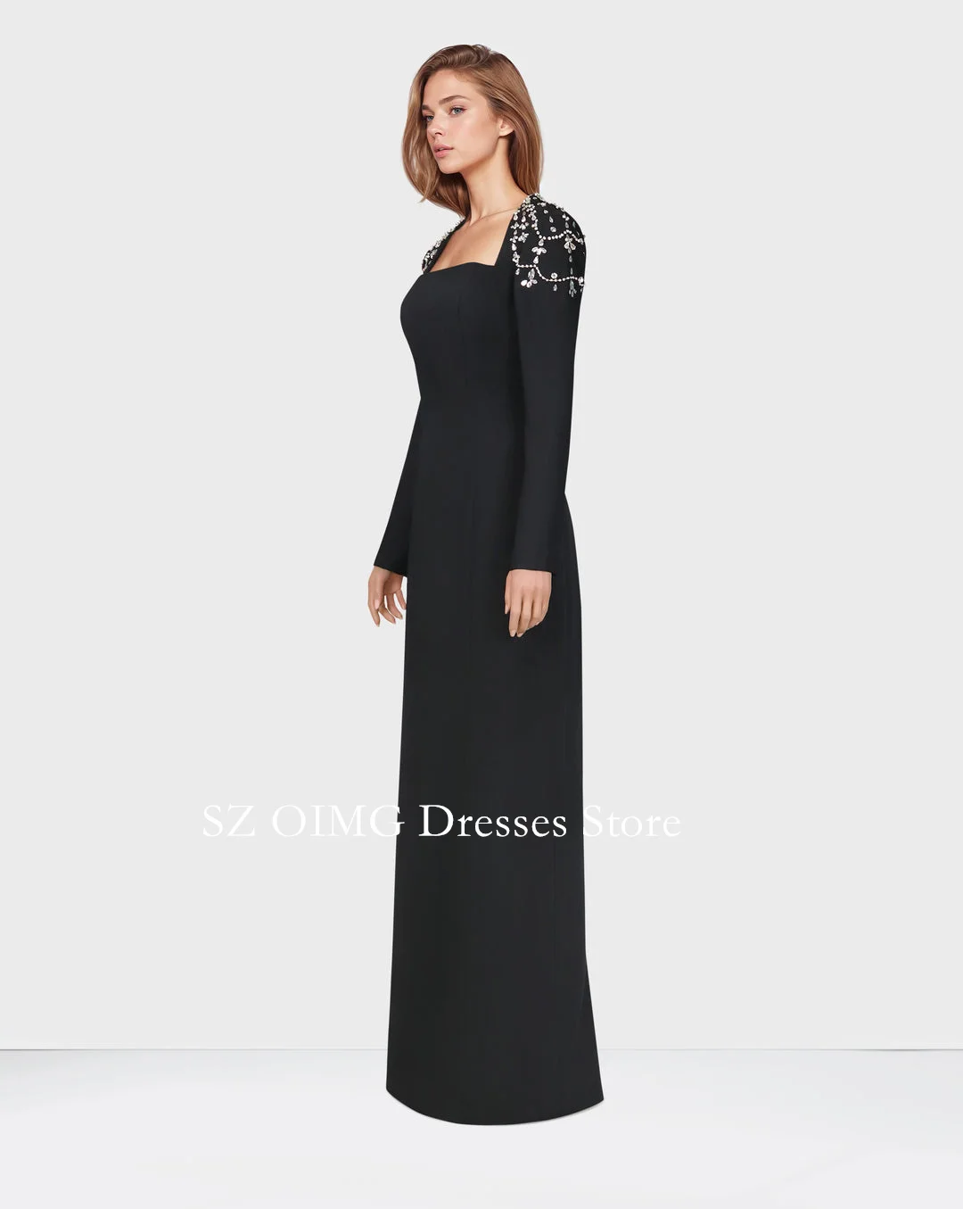 OIMG New Design Square Neck Prom Dresses Saudi Arabic Women Long Sleeves Black Satin Crystals Evening Gowns Formal Party Dress