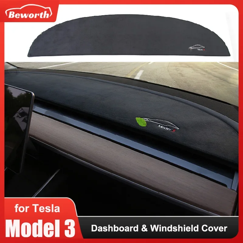 Dashboard Cover For Tesla Model 3 Y Windshield Pad Flannel Dash Mat Sunshade Non-slip Dustproof Anti Light Protector Decor Car