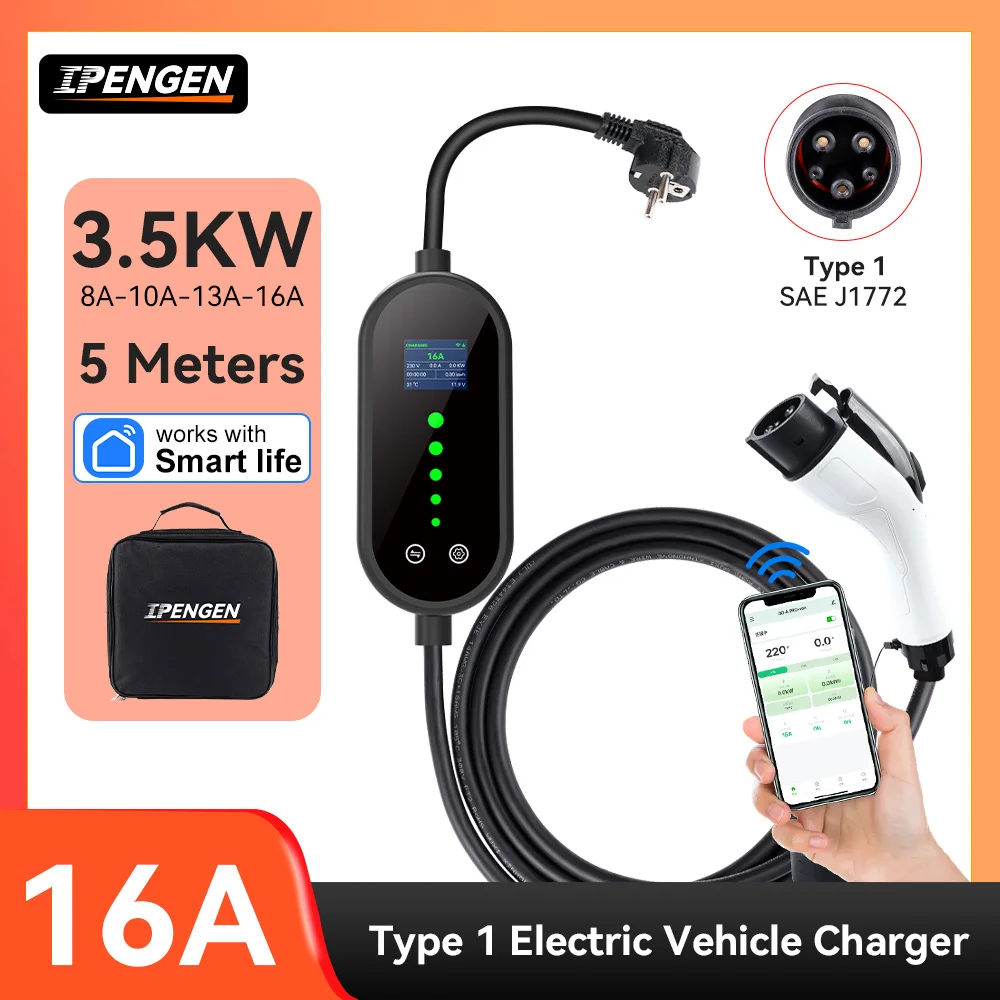 IPENGEN Portable Type1 EV Charger 3.5KW EV Charging Wallbox SAE EVSE for Electric Vehicle Car With 5M Cable WIFI APP Control