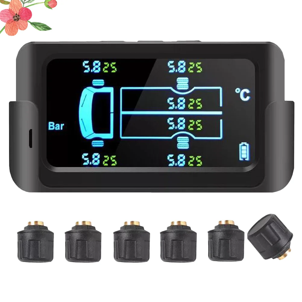 

1Pc 85bar Solar Tire Pressure Monitor System For Large Truck RV Wireless General Bus Truck 6 Tire Pressure External (Black)