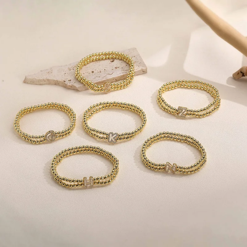 HECHENG,Copper Metal Initial A-Z Double layer Elastic Bead Bracelet Simple Fashion Personalized Neutral Jewelry 1 Piece
