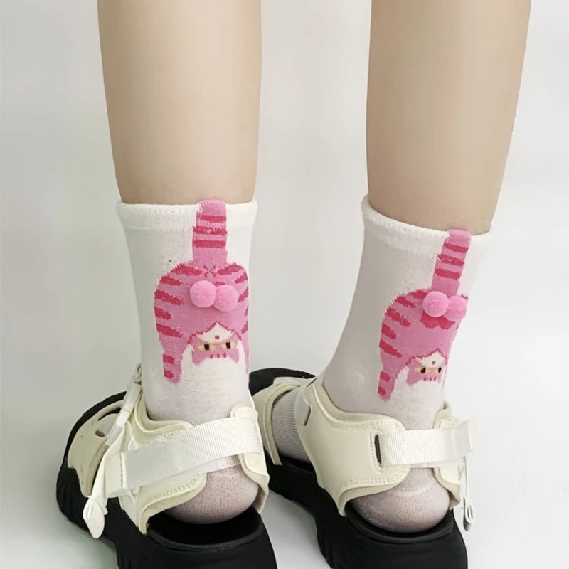 Cartoon Cat Egg Couple Socks Cozy Mid-Calf Cotton for Maternity Warm Winter Cute Present for Christmas Cat Lovers Family