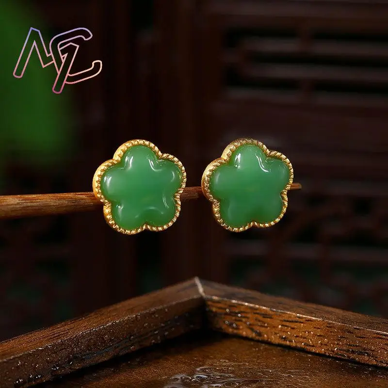 Green Natural Jade Clover Earrings Gifts for Women Talismans Vintage Ear Stud Lucky Stone Charm Amulet Luxury - view 3