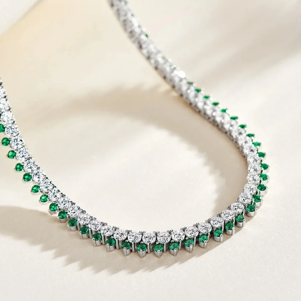 Wong Rain 925 Sterling Silver Round Cut Emerald High Carbon Diamonds Gemstone Tennis Chain Necklace For Women Fine Jewelry Gifts