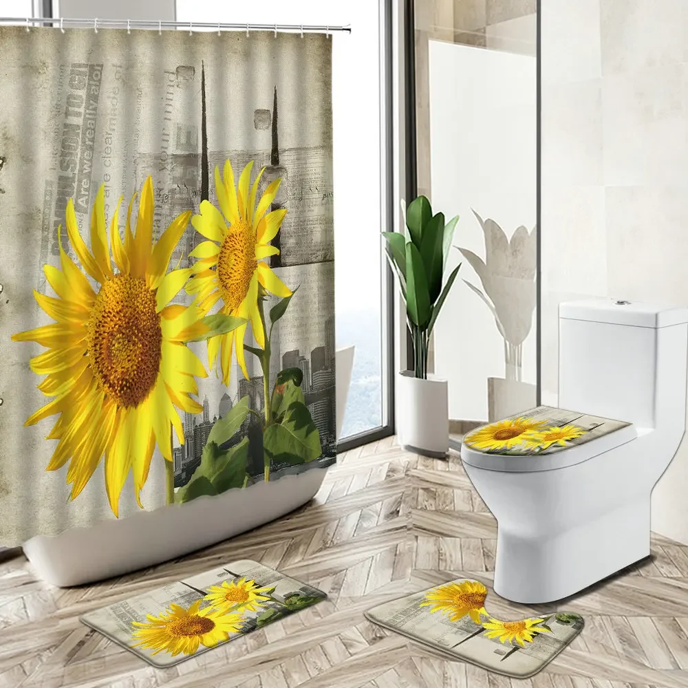 Sunflower Flower Shower Curtain Rose Butterfly European Vintage Old Wood Home Decor Bath Mat Toilet Cover Bathroom Carpet Set