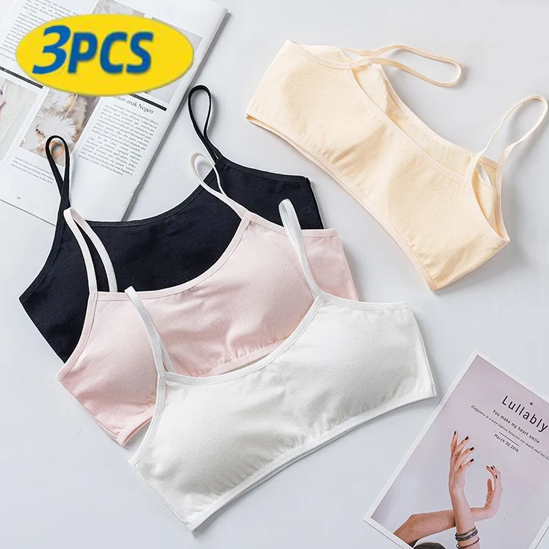 3Pcs Girls Soft Cotton Bra Girl Full Cup Breathable Underwear Kids Training Puberty Removable Chest Cushion Bras 8-16 Years