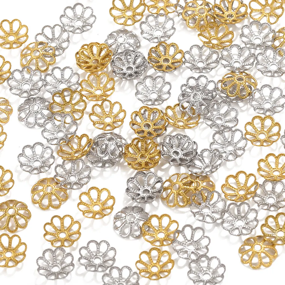 

50pcs/lot Stainless Steel Flower Loose Spacer Bead Caps Cone End Beads Cap Filigree For DIY Jewelry Finding Making Components