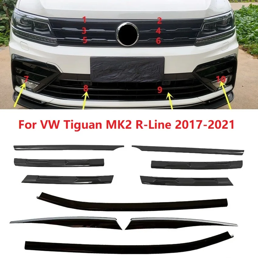 

For VW Tiguan MK2 R-Line 2017-2021 Front Bumper Headlight Eyebrows Center Grille Fog Light Black Moulding Strips Stickers Trim