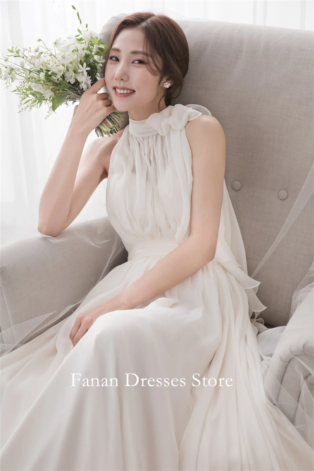 FANAN licou cou froncé élégant Simple robes de mariée a-ligne sans manches en mousseline de soie ivoire robes de mariée Garona ivoire Custo