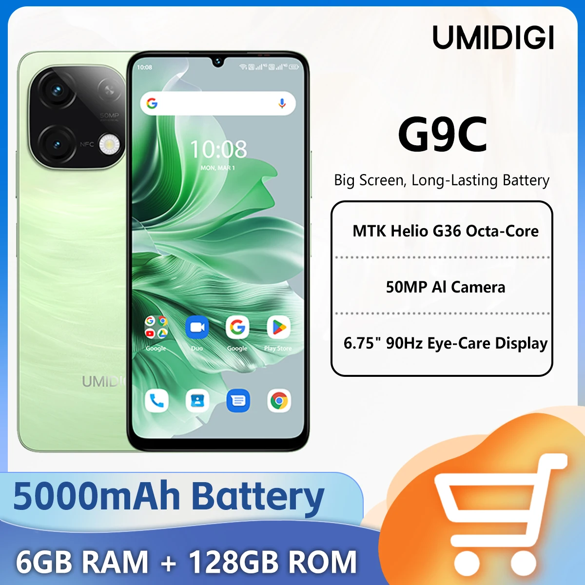 

UMIDIGI G9C Android 14 Smartphone MTK Helio G36 Octa-Core 6GB RAM+128GB ROM 6.75” 90Hz HD+ Display 13MP Rear Camera 5000mAh