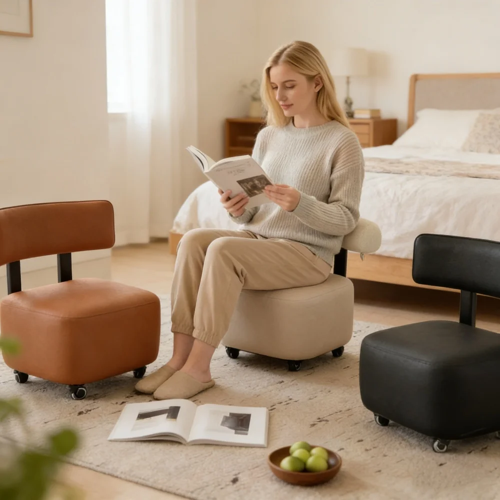 Sedia Girevole con Schienale, Cuscino in Schiuma ad Alta Resilienza, Facile da Muovere, Capacità di 90 kg, Poggiapiedi, per Soggiorno, Camera da Letto, Panchina per Scarpe, Pouf da Tavolino