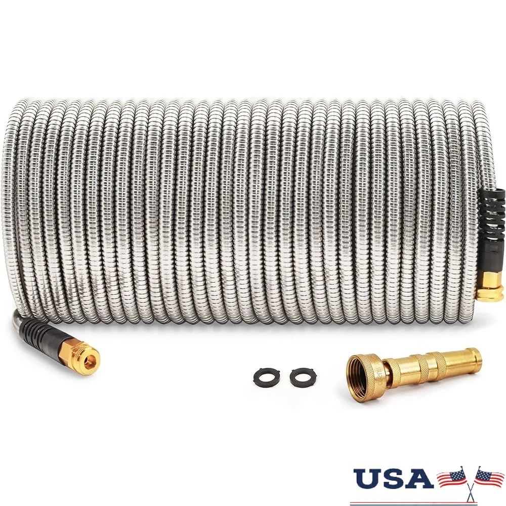 

Металлический садовый шланг из нержавеющей стали 100 футов, легкий, гибкий, не затягивающийся, герметичный, с латунной насадкой, устойчивый к ультрафиолетовому излучению, устойчивый к атмосферным воздействиям