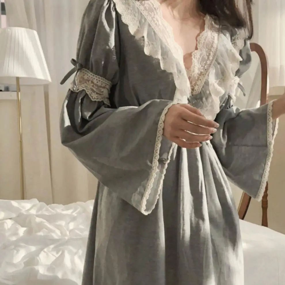 Vintage Nightgowns Women Autumn Lace V-neck Pajamas Dress Long Homewear Home Outside Casual Gray Loose Nightgown Sleeping Woman
