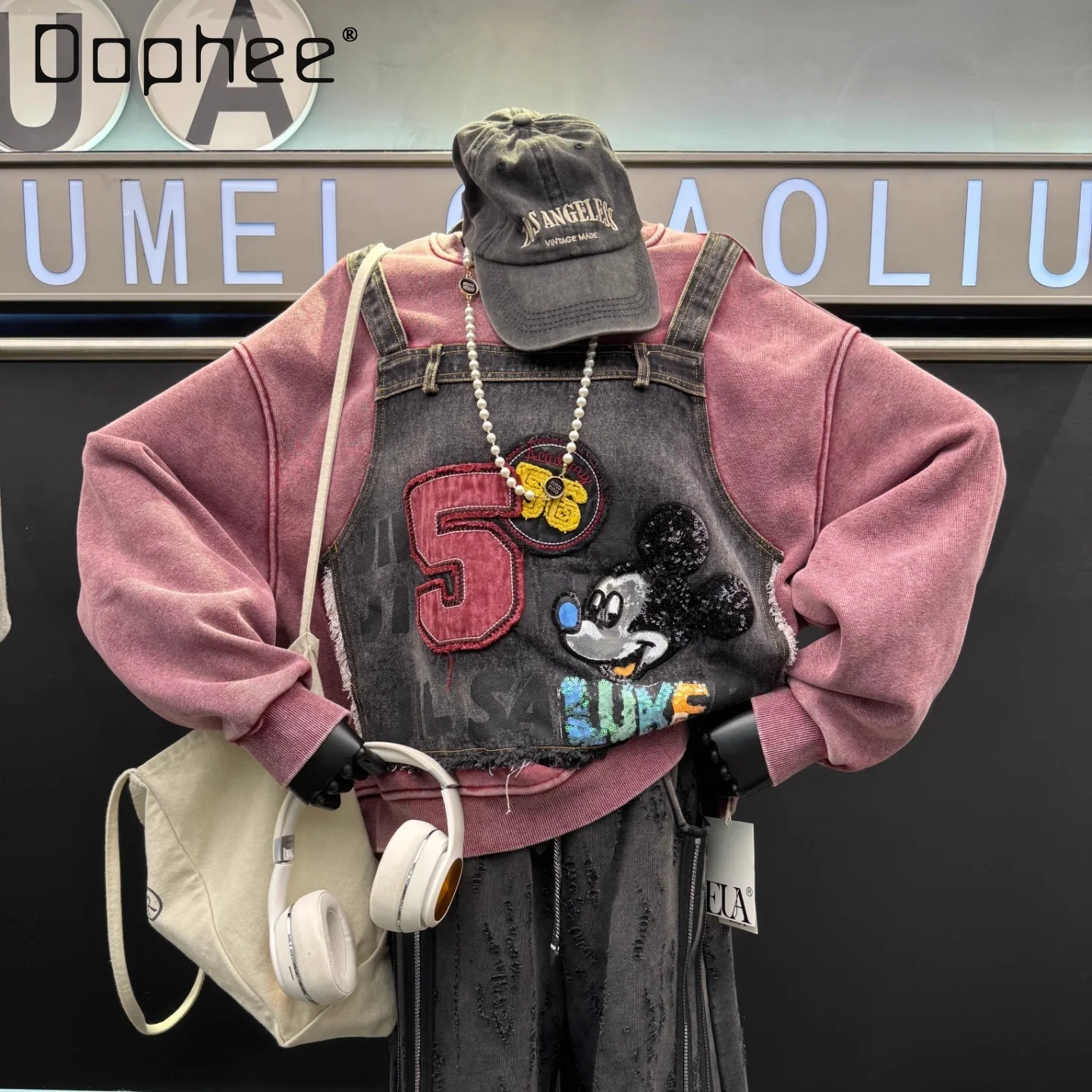 

European Style Gray Loose Top Trendy Heavy Stitching Denim Fake Two-Piece Pure Cotton Fleece Sweatshirt for Women Autumn Winter