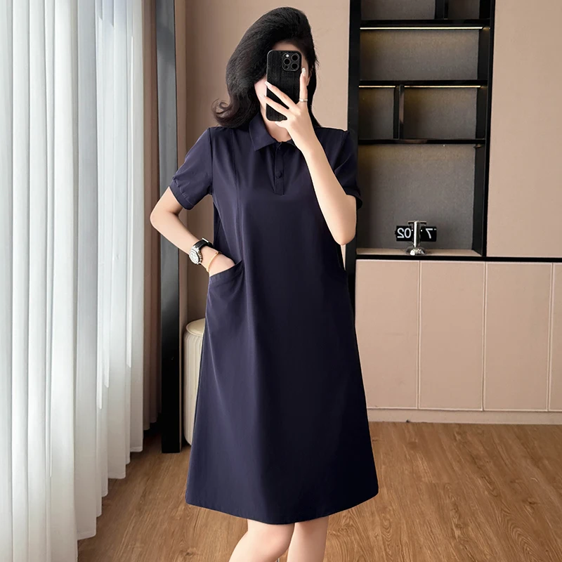 

Elegant Short Sleeve Midi Dress Women's Summer 2026 Spring Autumn plus Size Slimming A-Line Cotton Polyester Dress