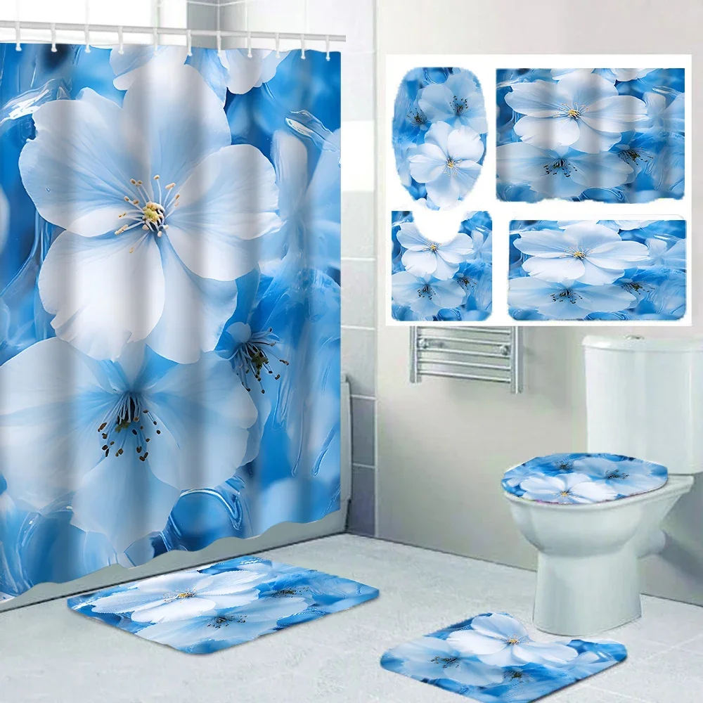 

1/4 set White flower shower Curtains, Toilet Seat Decoration, Shower Curtain with Carpet and Toilet Lid, 12 70.8x70.8 inch Hooks