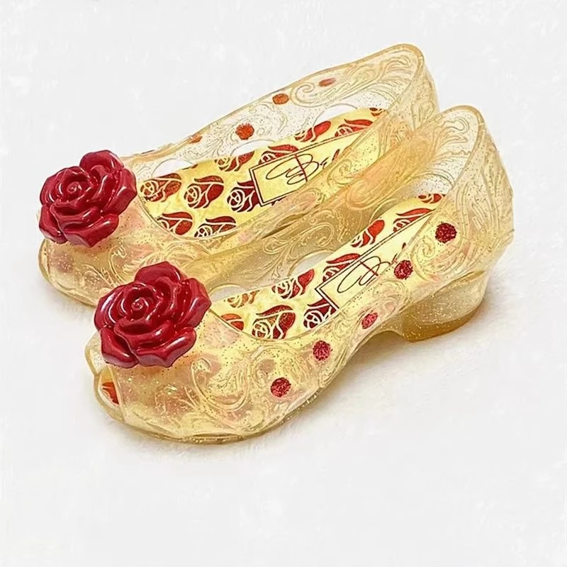 Disney'S Beauty And Beast Bella Princess Golden Lights Rose Crystal High Heels Cute Cosplay Shoes Children'S Christmas Gift