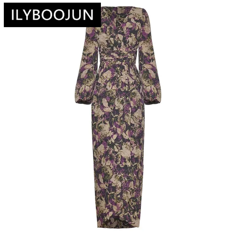 

ILYBOOJUN Summer Fashion Runway New Arrivals Women Dress V Neck FLowers Print Long Sleeves Ruched Holiday Party Midi Dress