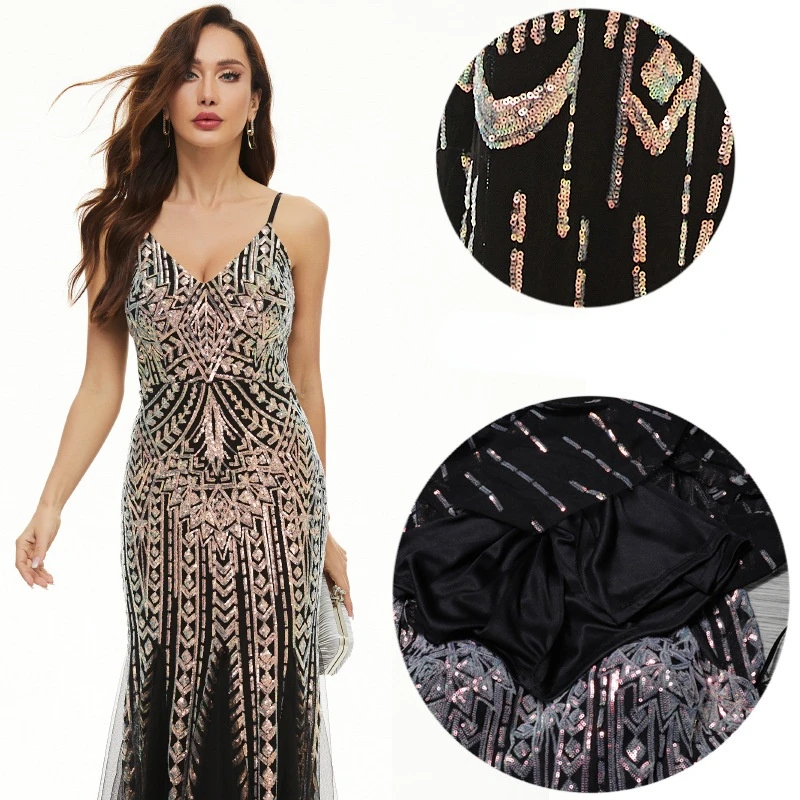 Robe de soirée en maille pour femmes, longue, col en V profond, paillettes argentées, Sexy, fête Maxi