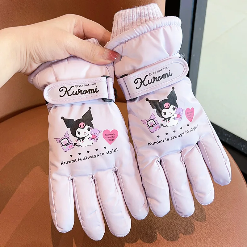 Kawaii Sanrio Cartoon Children Gloves Cute Kuromi Cinnamoroll My Melody Autumn Winter Padded Warm Ski Gloves Girl Christmas Gift