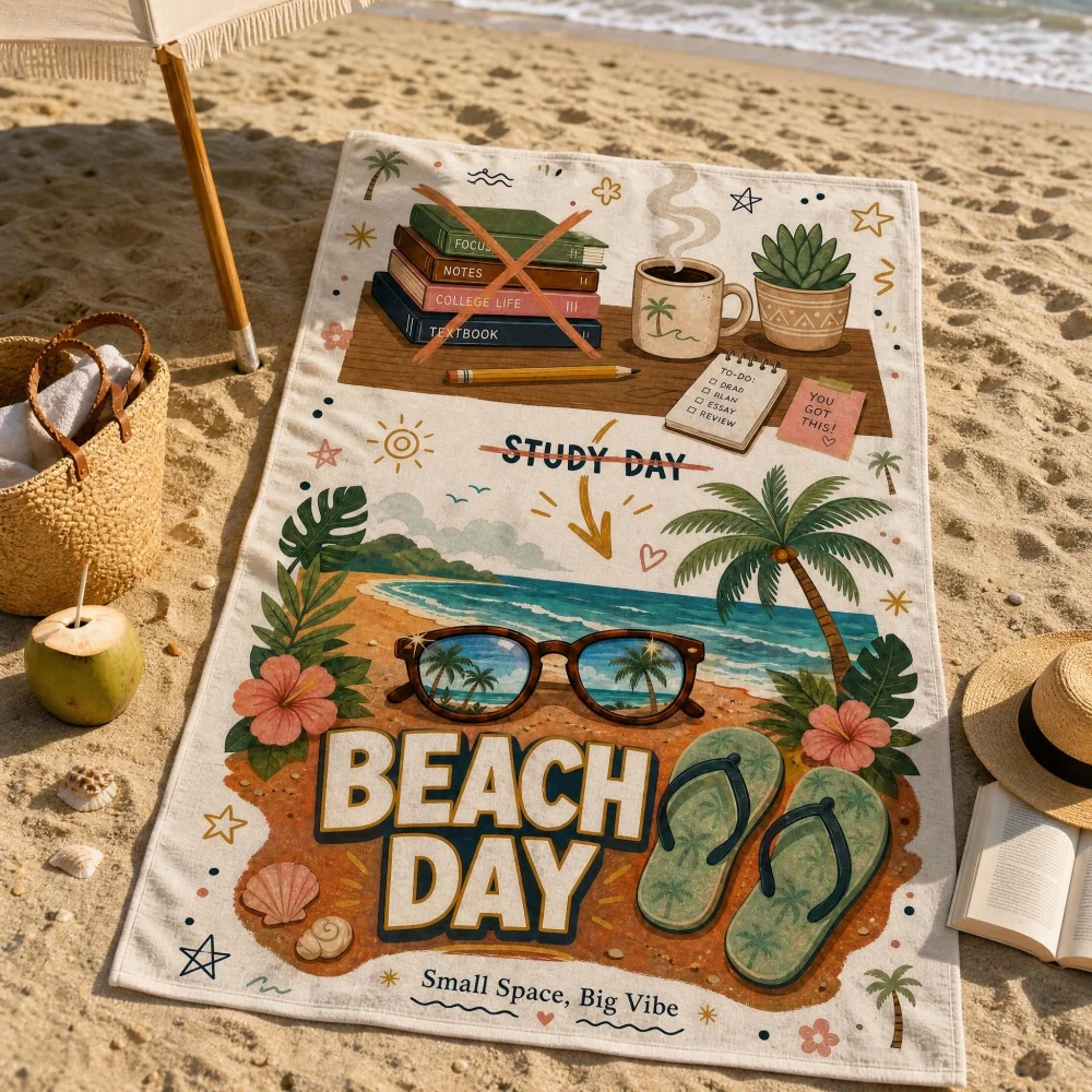 Beach Day Funny Illustration Beach Towel Palm Tree Vacation Print Microfiber Beach Blanket for Summer Travel Pool Beach