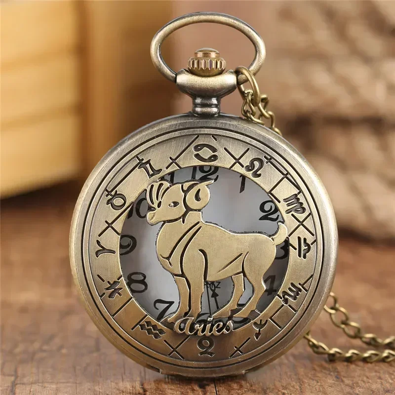 Vintage Hollow Out Twelve Constellation Men Women Analog Quartz Pocket Watch Chain Arabic Number Clock Birthday Gift Timepiece