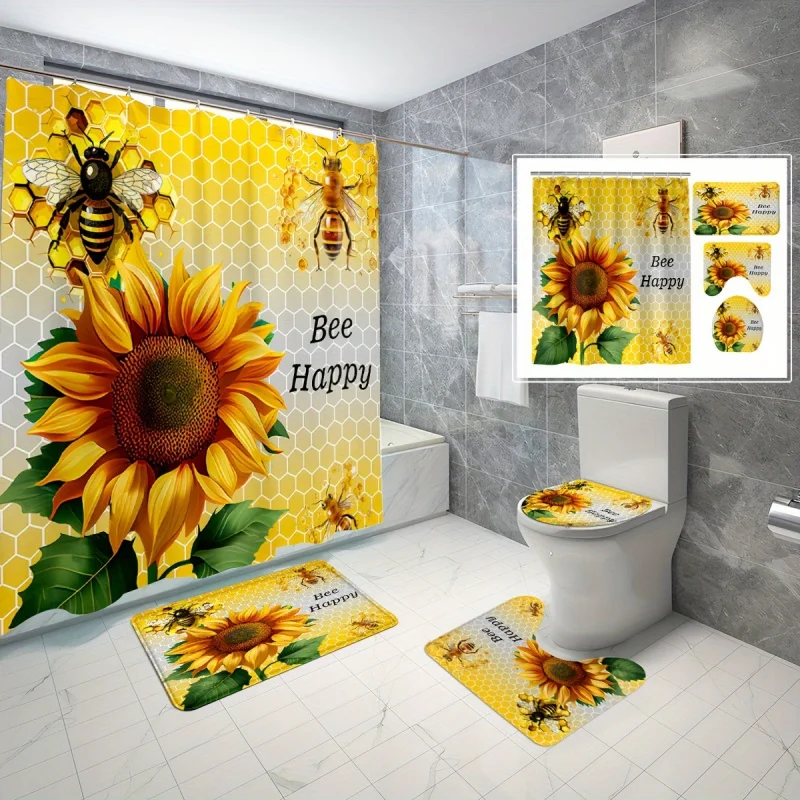 

Набор для ванной комнаты Sunflower & Bee из 4 предметов — водонепроницаемая занавеска для душа с крючками, нескользящим ковриком, крышкой унитаза и U-образным ковриком — Mac