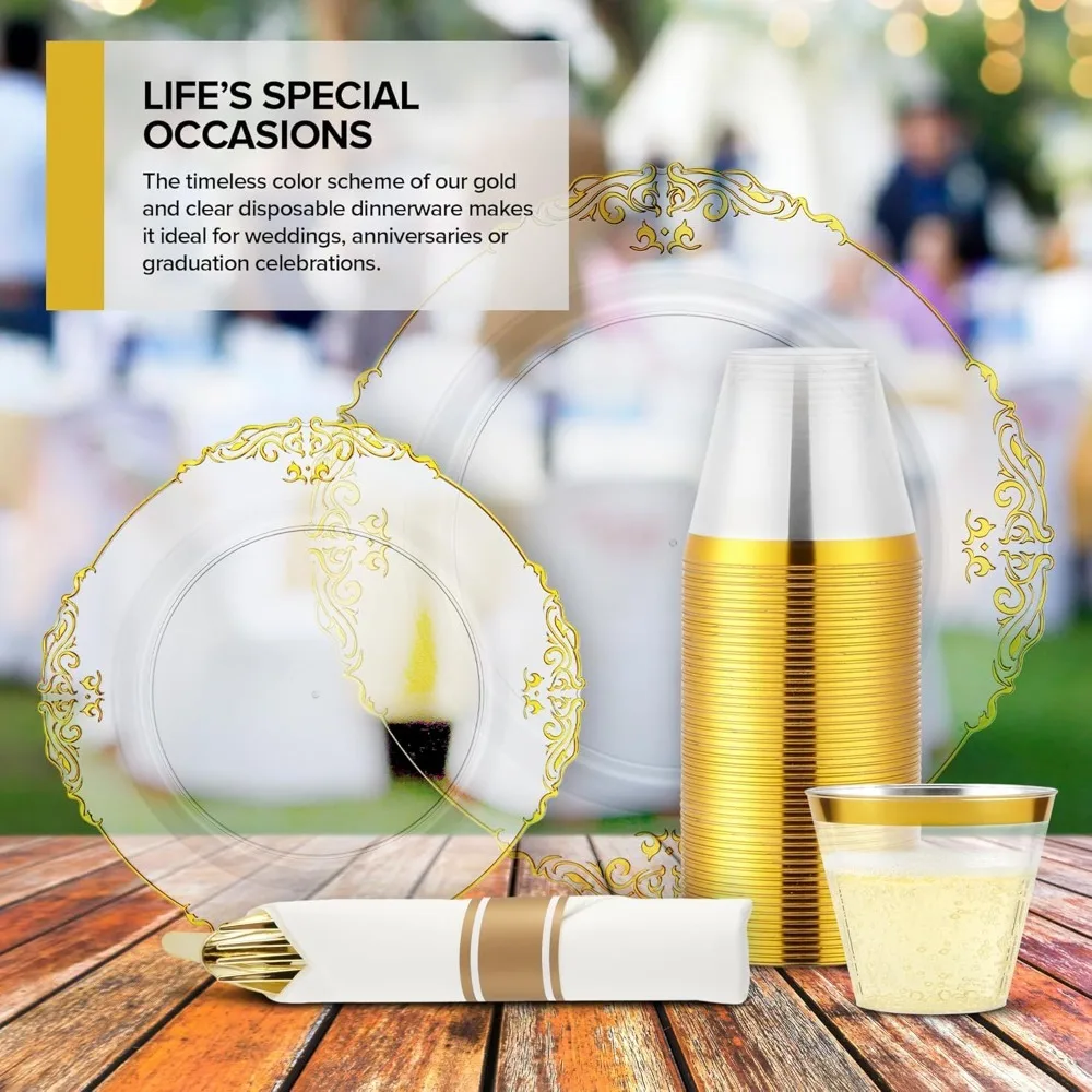 جديد - طقم أطباق شفافة وذهبية مع أدوات مائدة مسبقًا مع مناديل وأكواب ذهبية، أواني طعام لـ 50 ضيفًا (350 قطعة)،