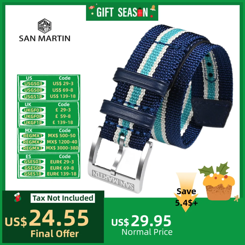 San Martin 20mm Watch Band Nylon Strap Premium Leather Decorated Color 316L Stainless Steel Pin Buckle Sport Correa Reloj SN0116