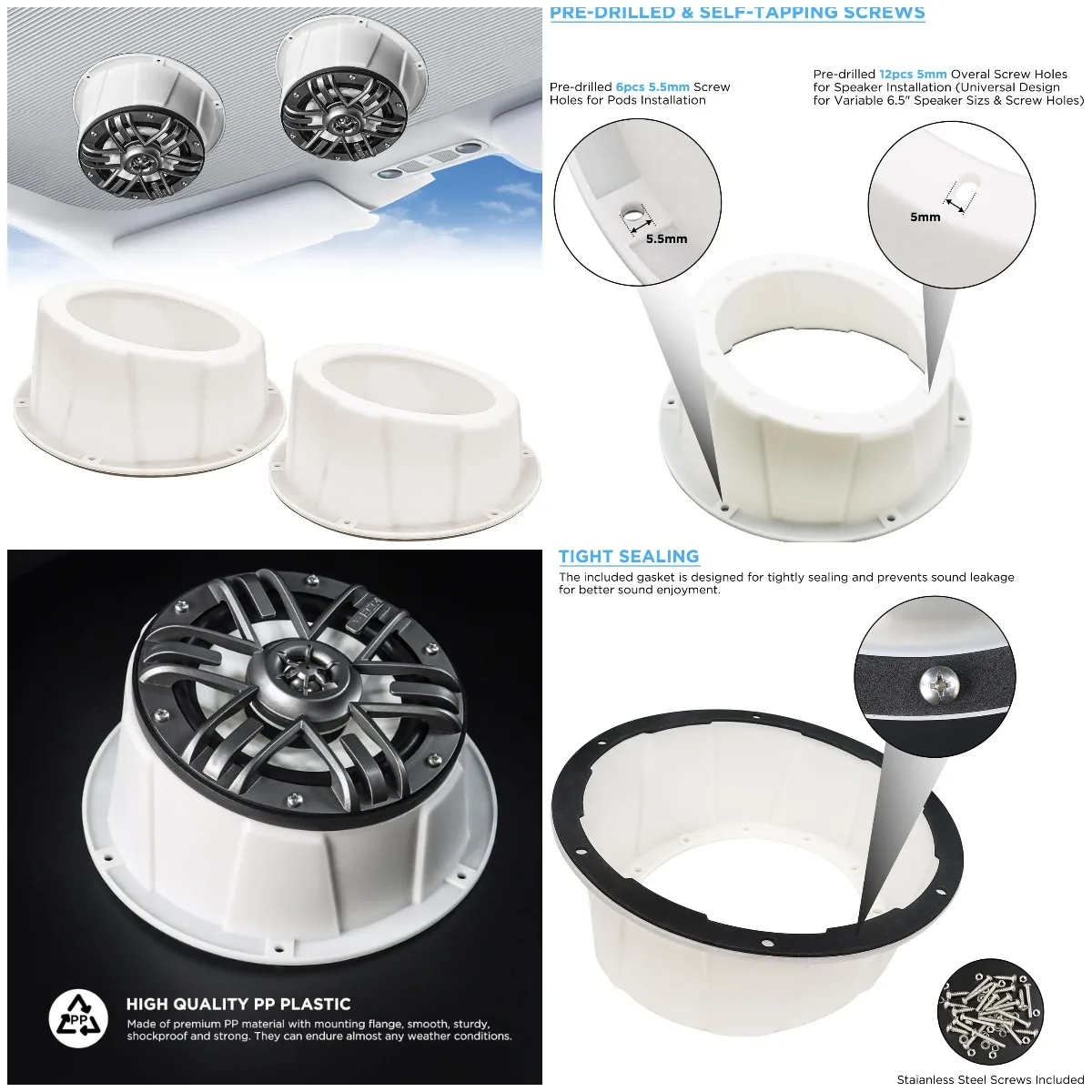 

6.5' Speaker Pairs, Universal Angled Pods, White Enclosures, Marine & Vehicle Use