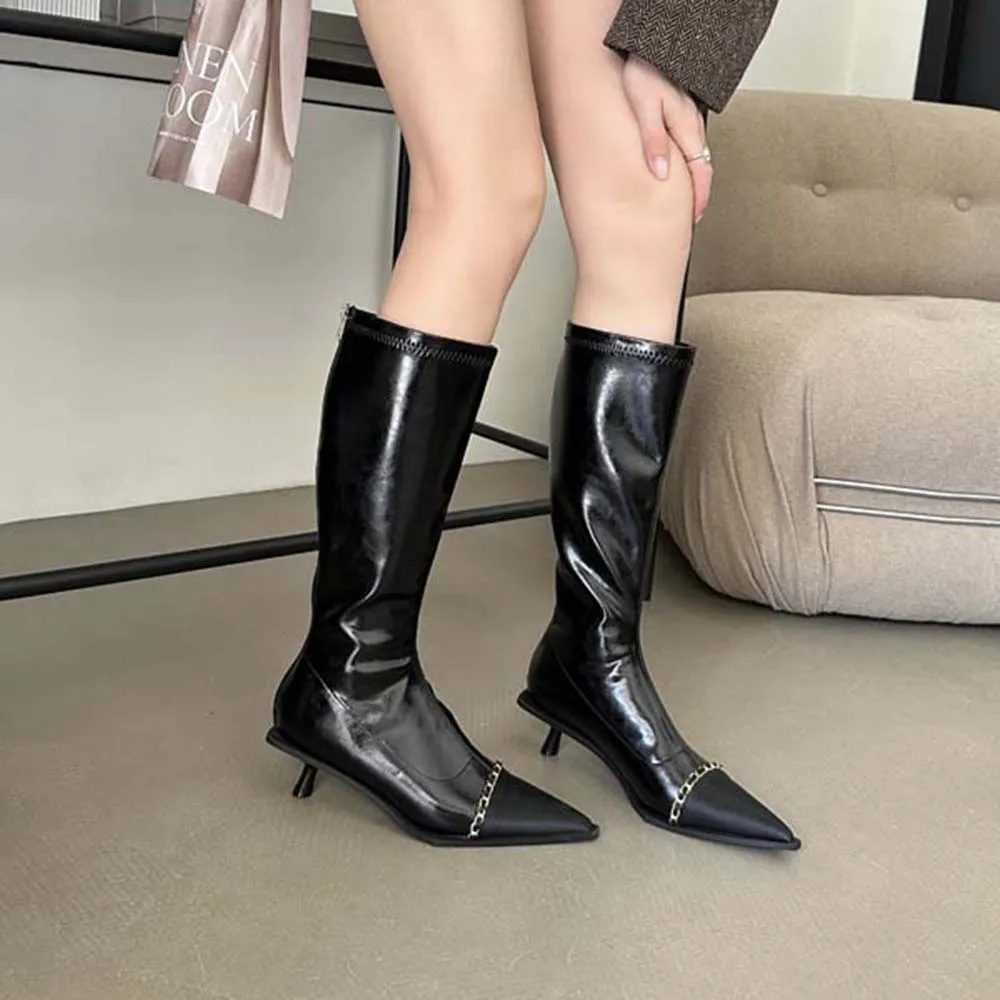 Pointed Toe Women Knee High Boots Black White Sock Booties Thin Mid Heels 2023 New Arrivals Ladies Party Pumps Dress Shoes Woman