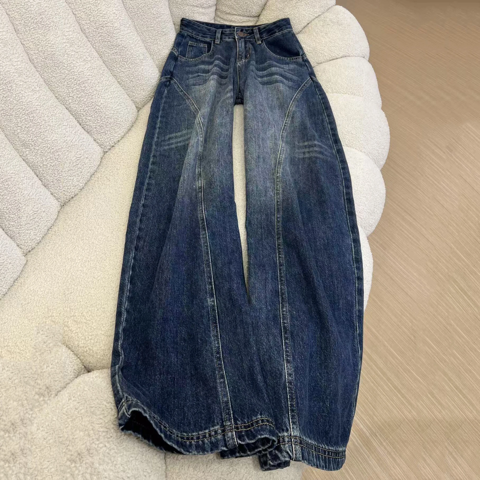 

Женские потертые широкие джинсы в американском стиле, осенние винтажные стеганые свободные прямые брюки с высокой талией, женские брюки High Street