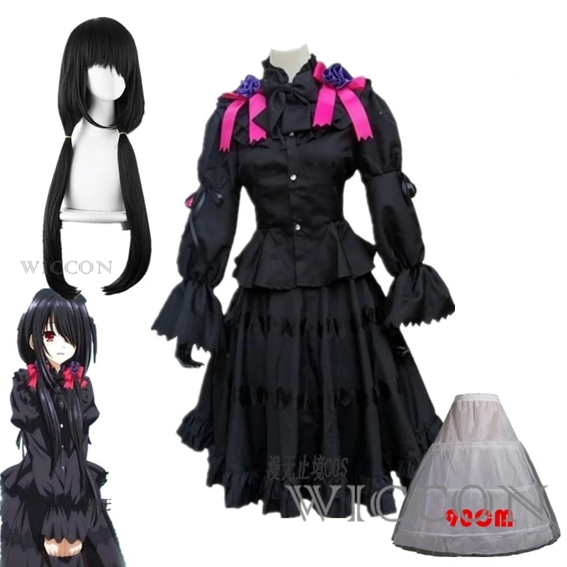 Date A Live Cosplay Tokisaki Kurumi Cosplay Costume Black Lolita Dress Date Outfit Unisex Cosplay Costume with Wig