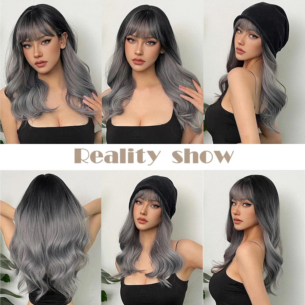 EASIHAIR Long Wavy Silver Gray Synthetic Wigs with Bangs Ombre Ash Cosplay Hair Wigs for Women Daily Party Heat Resistant Fiber