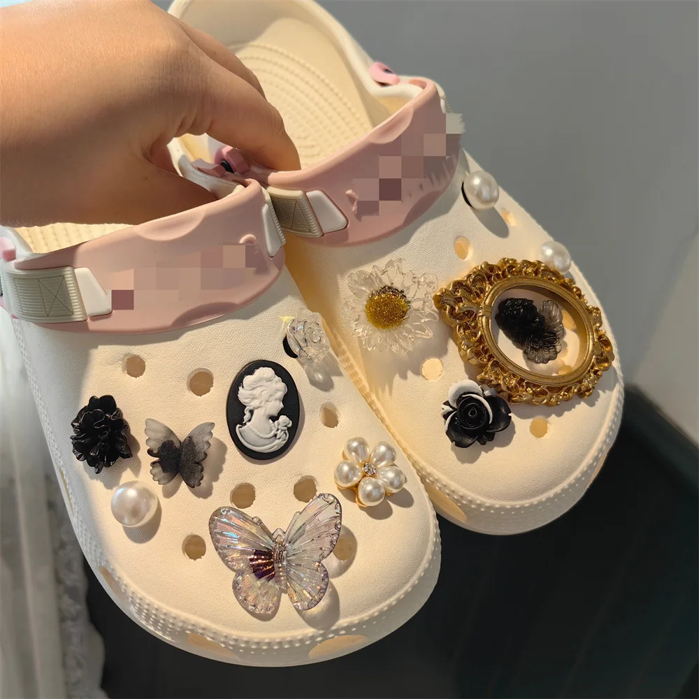 Clog Shoe Charms Gothic Baroque Ornate Butterfly Detachable Faux Pearl Gold Foil Flower Accessories Black Resin Lightweight