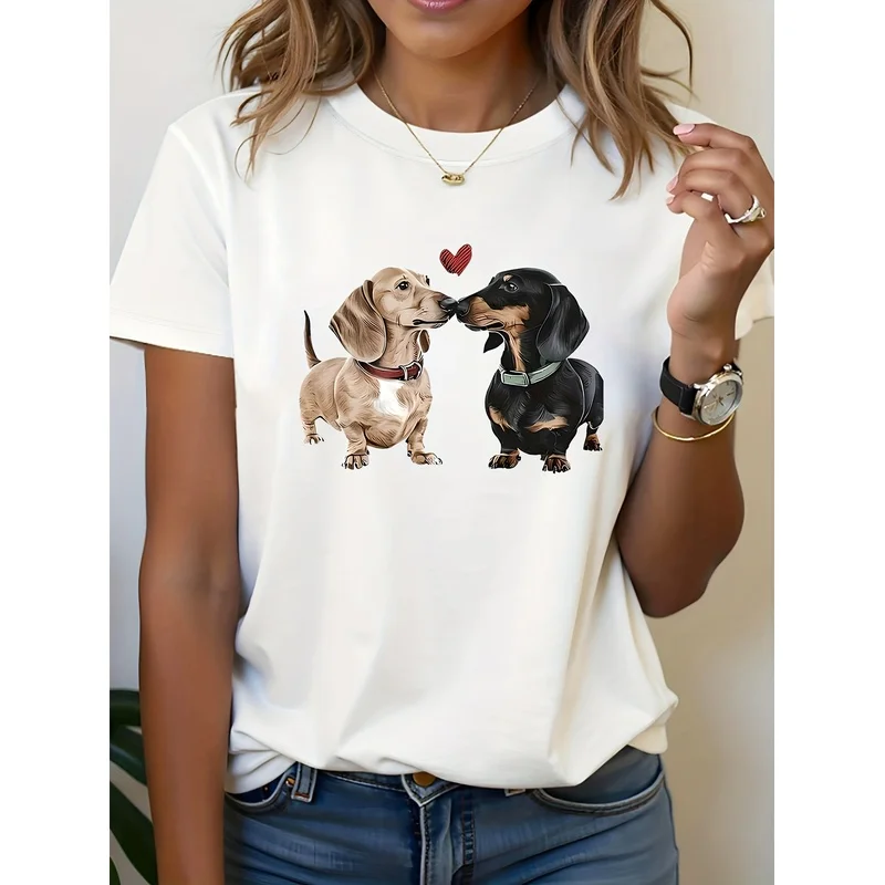 Two Kissing Dachshunds Red Heart Cute Dog Print White Women T-Shirt