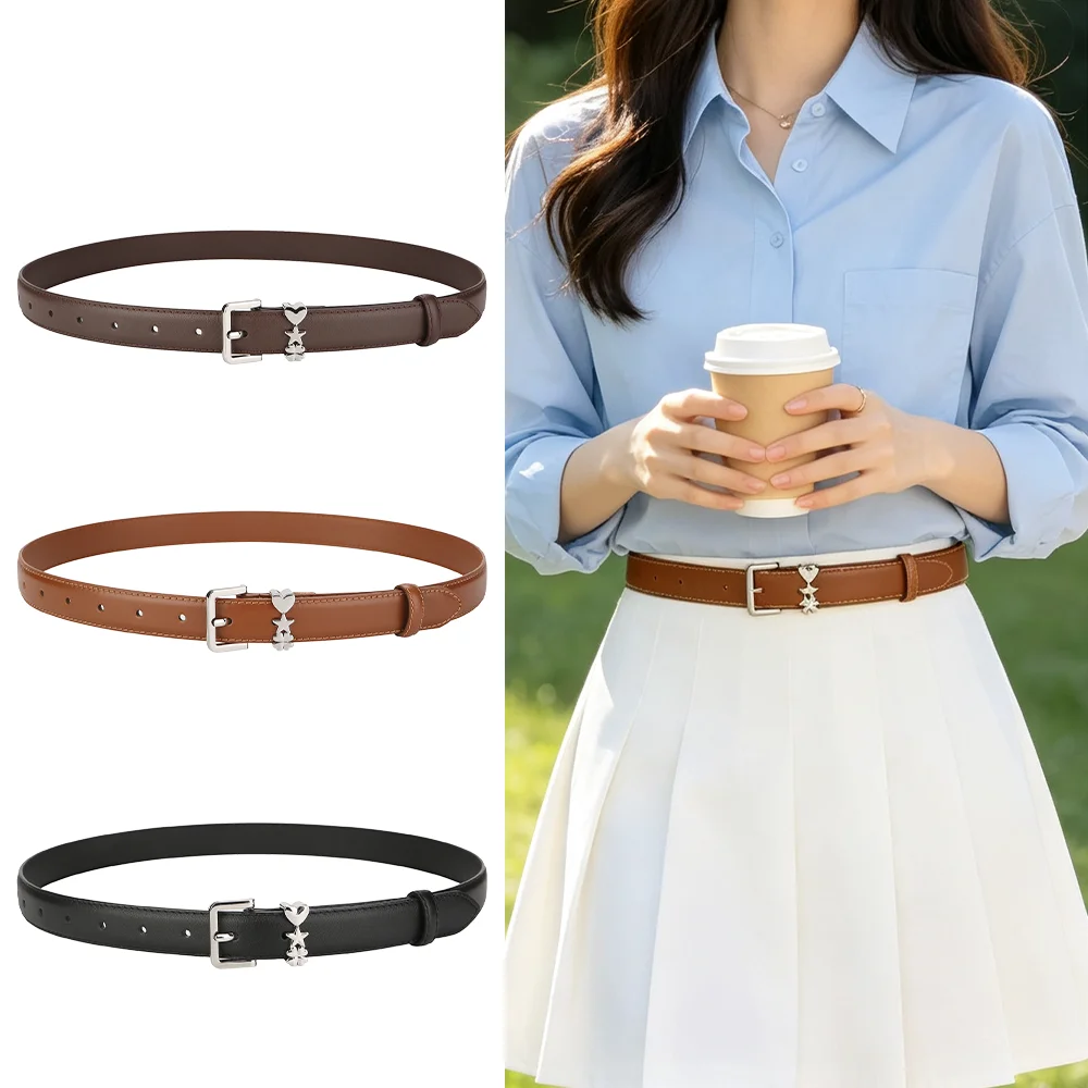 Women Leather Belt WithGiftBox, Slim Waist Belt with Heart Star Clover Charm Silver Buckle for Dress Jeans Casual Wear