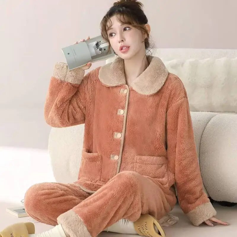 

Women's Pajama Set Loungewear Coral Fleece Flannel Loose Fit Winter Warm Comfortable Sleepwear Home Clothes for Girl Outside