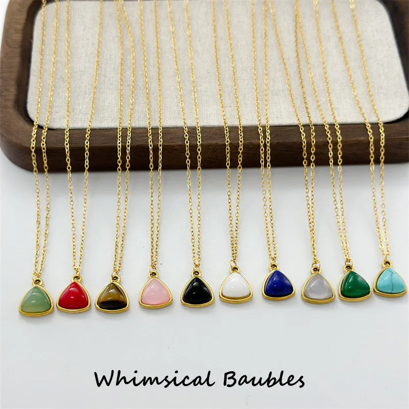 

Triangle Gemstone Necklace Rose Quartz Green Aventurine Amethyst Necklace Gold Plated Wrapped Faceted Triangle Pendant Necklace