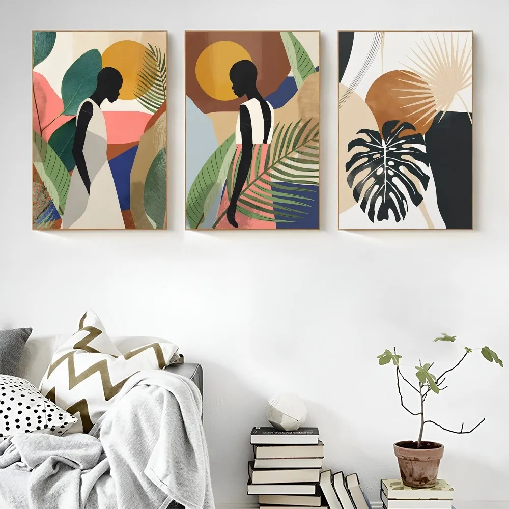 1PC Abstract African Woman Flower Leaves Self-adhesive Art Waterproof Paper Sticker Coffee House Bar Room Wall Decor
