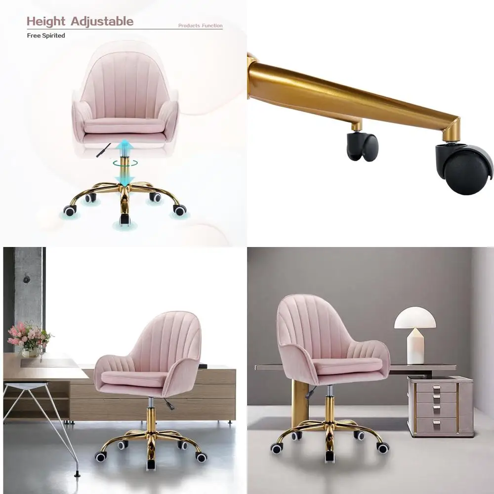 

Плюшевое розовое офисное кресло с подлокотниками и золотым основанием, идеально подходит для дома, спальни или туалетного столика.