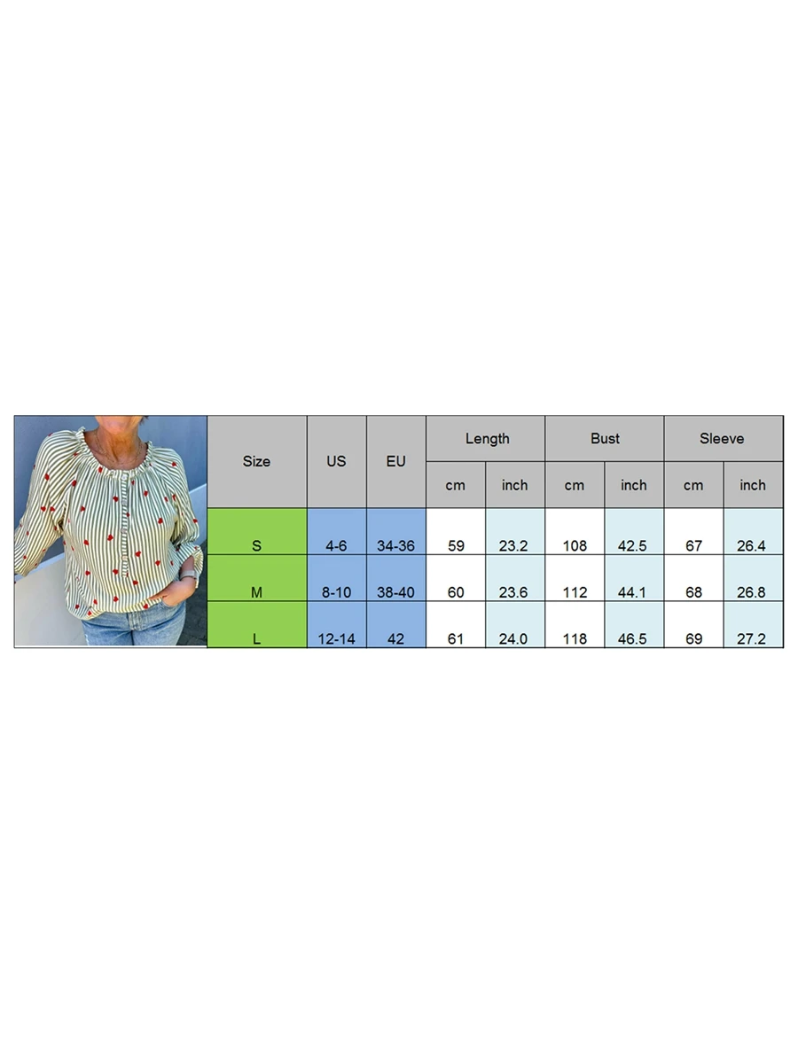 بلوزة نسائية مطبوعة على شكل قلب بخطوط ، أكمام طويلة ، كشكشة ، رقبة مستديرة ، أزرار فضفاضة ، قمصان هينلي ، موضة غير رسمية ، الربيع والخريف