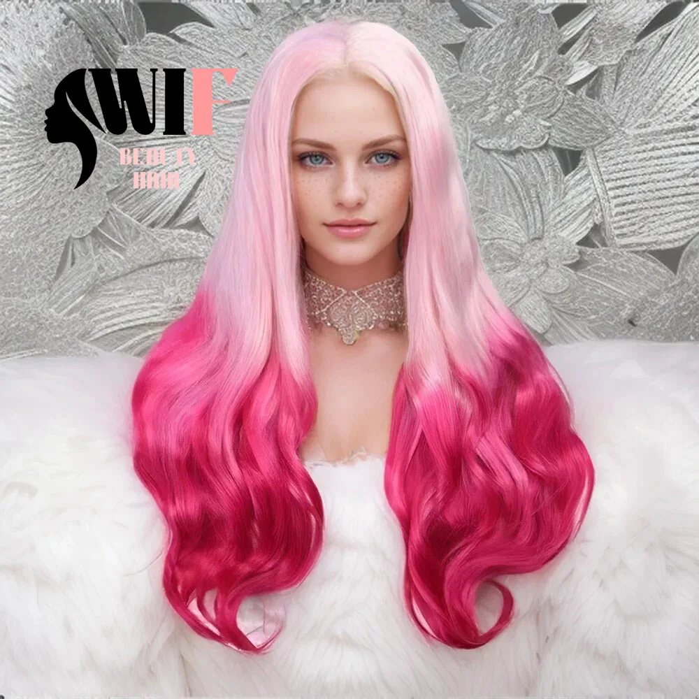 WIF Ombre Pink Body Wave Synthetic Wig Light Pink to Dark Pink Heat Fiber Lace Front Wigs Women Cosplay Use Pink Wavy Hair