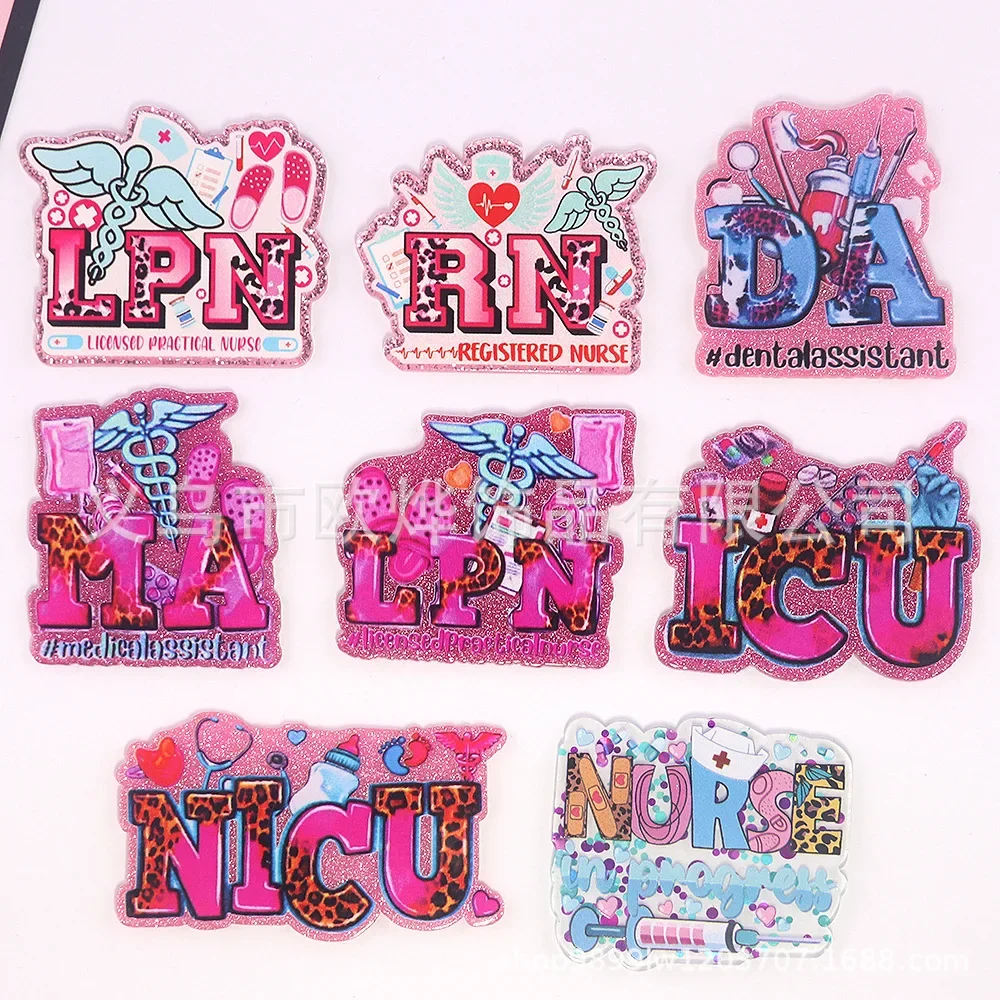 6PCS Pink Glitter LPN ICU DA MA Pedant Flat Back Acrylic Charms Fit DIY ID Card Badge Holder Jewelry Making Doctor Nurse Gift