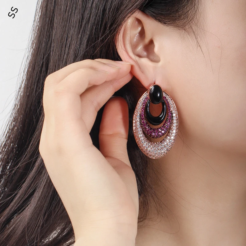 Micro-inset Zircon Water Drop Earring Eco-friendly Color Allergy Proof Exaggerated Vintage Oval Ear-pin Jewelry Accessories