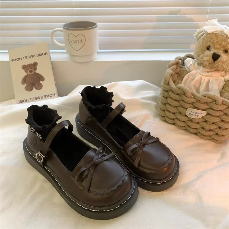 Women Black Platform Mary Jane Shoes with Bow,Preppy JK Lolita Height Increasing Dress Student Shoes for Petite Girls
