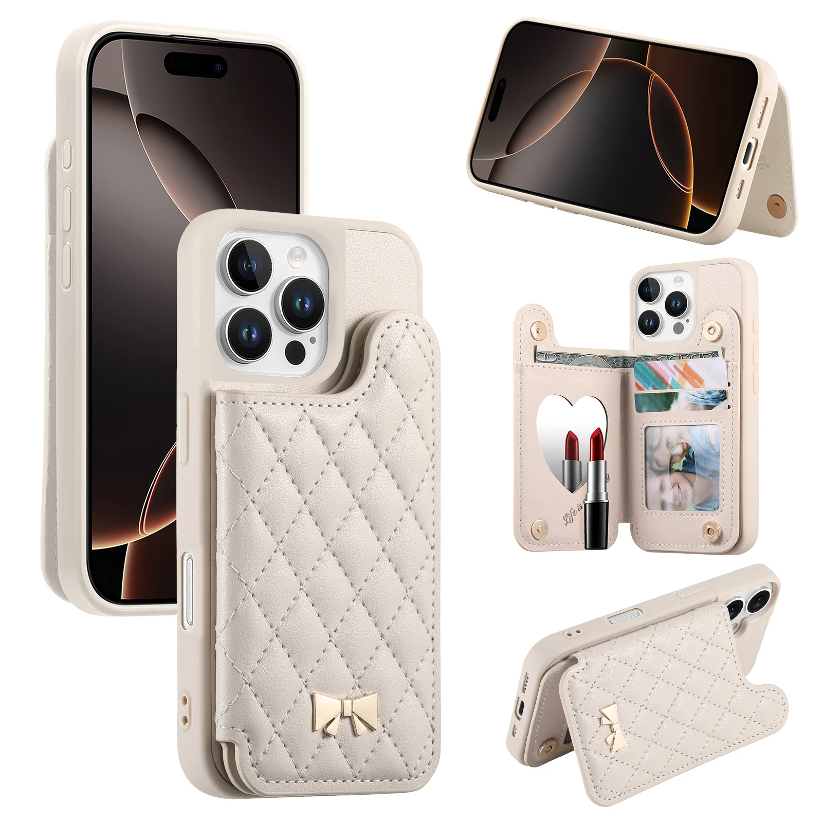 

Grid Pattern Leather Phone Case For Google Pixel 10 Pro XL 9 9A 8 Built in Mini Makeup Mirror 2 Cards Pocket Wallet Cover Funda