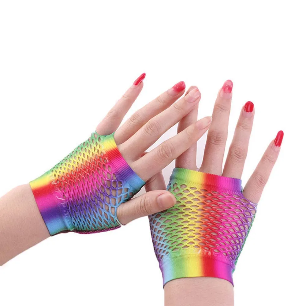 

Sexy Fashion Long Half Finger For Women Short Half Finger Party Nylon Rainbow Color Gloves Fishing Net Gloves Arm Sleeves