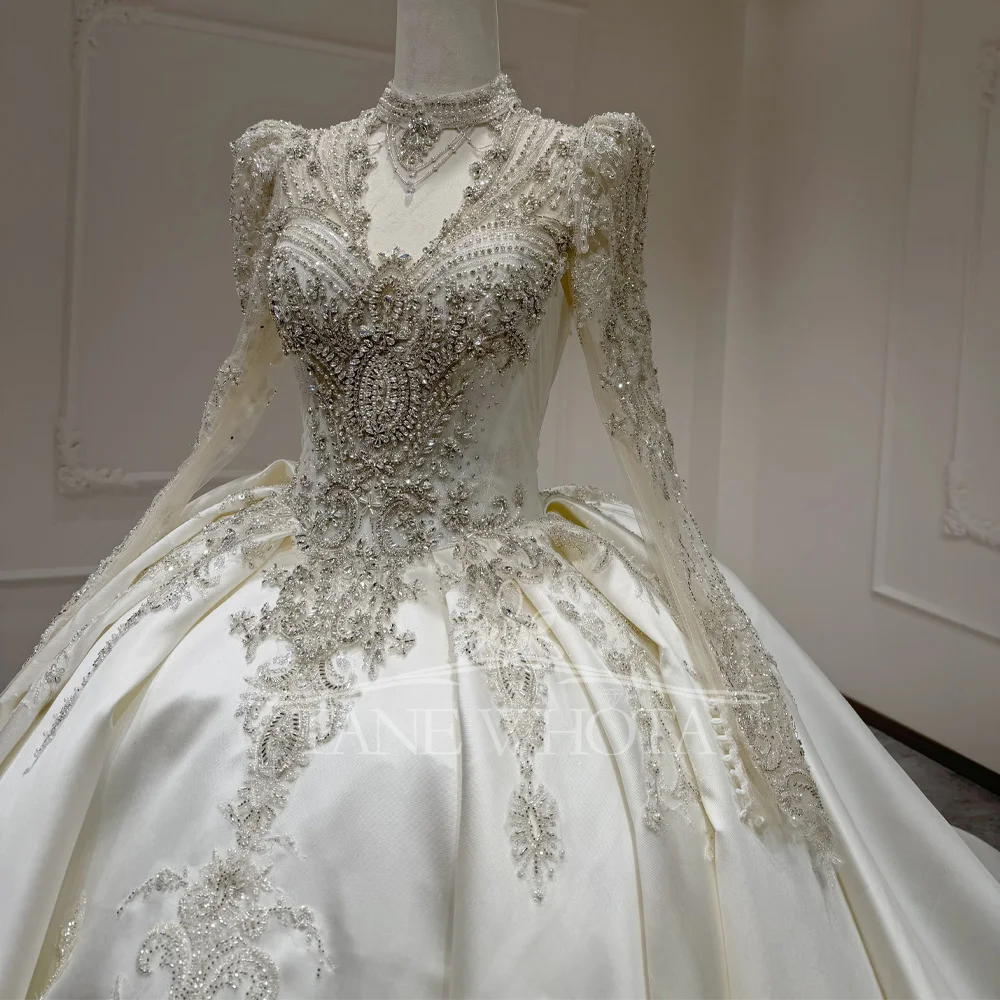 

Customizable Bruiloftsjurk Wedding Dress Turtle Neck Long Sleeves Lace Up Back Crystal Beaded Embroidery Satin Wedding Gown